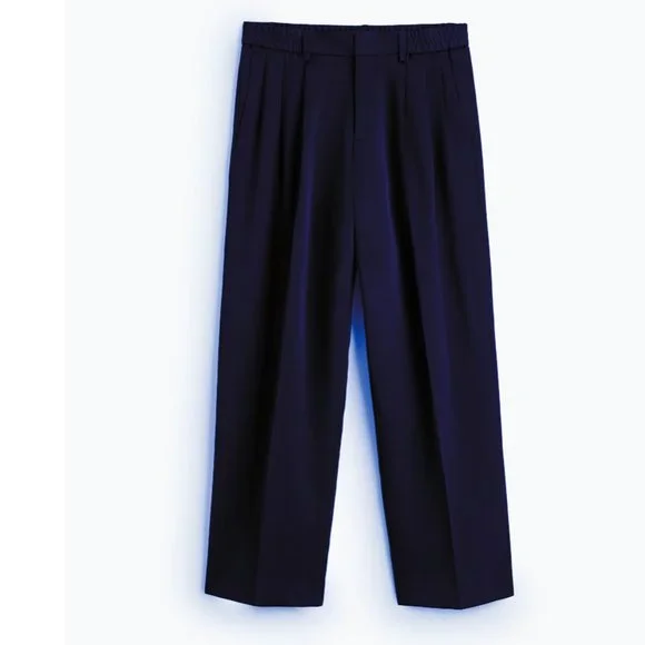 NWT MAN SATIN EFFECT PLEATED PANTS NAVY BLUE - Picture 8 of 8